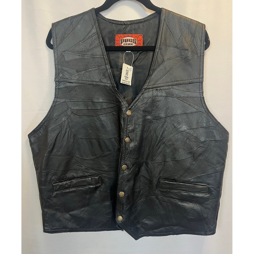 Pugs Gear Mens Black Patchwork Leather Biker Vest Heavy Duty Button Front XL